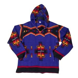 Southwestern Aztec Fleece Hoodie Tribal Geometric Pullover Mens XL Purple Orange